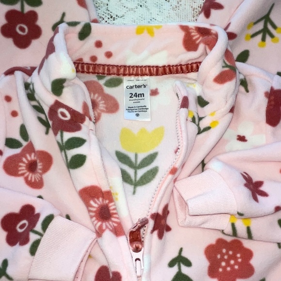 Carter's Baby Girl 24M Floral Fleece Romper Super Soft Zip Up Pink Pockets Sweet - Picture 2 of 9